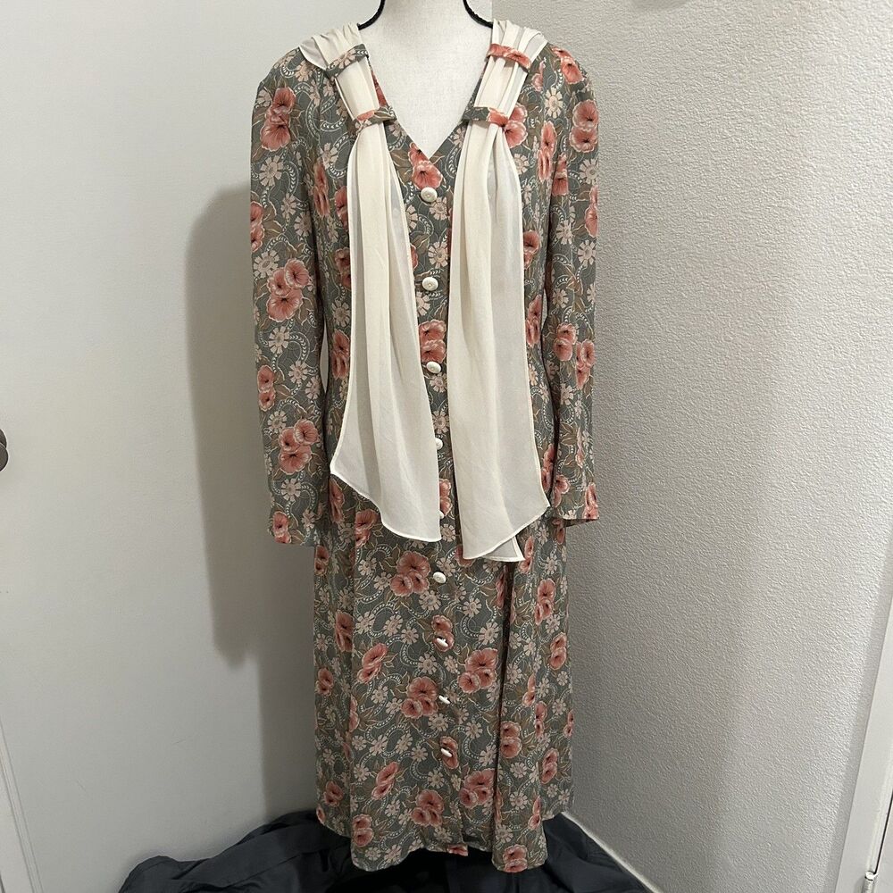 Vintage Leslie Fay Midi Dress Sz6 Floral Cottagecore Secret Garden Chiffon Scarf